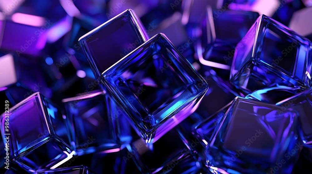 A collection of translucent purple and blue cubes arranged in an abstract pattern. A collection of translucent purple and blue cubes arranged in an abstract pattern.