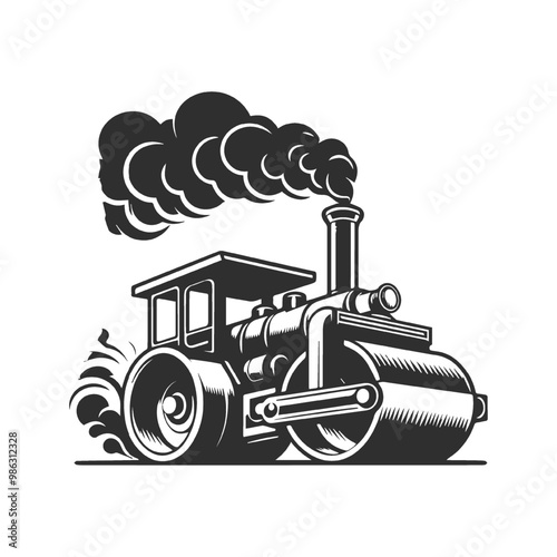 Monochrome style of color steamroller on white background. 