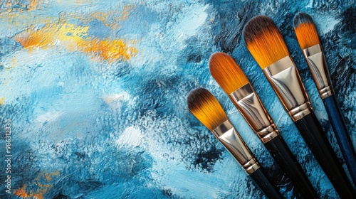 A vibrant array of paintbrushes lined up against a colorful watercolor backgr...