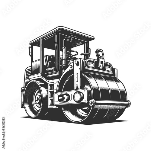 Monochrome style of color steamroller on white background. 