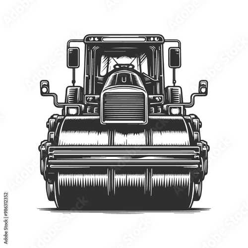 Monochrome style of color steamroller on white background. 