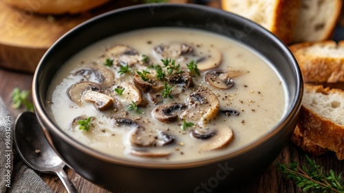 Creamy mushroom soup with fresh herbs and toasted bread served on a rustic wo...
