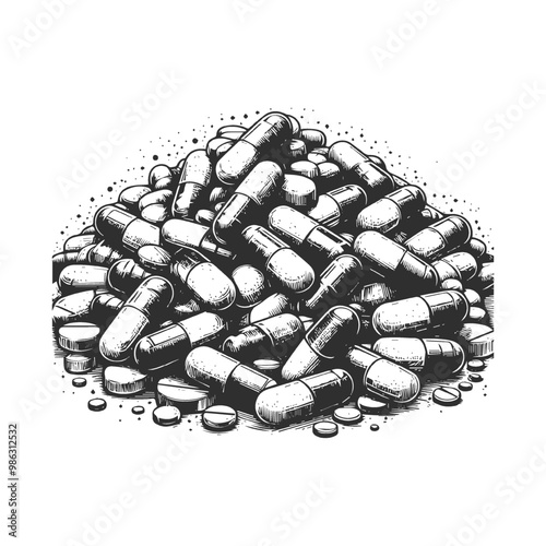 Black and white illustration of capsules and tablets