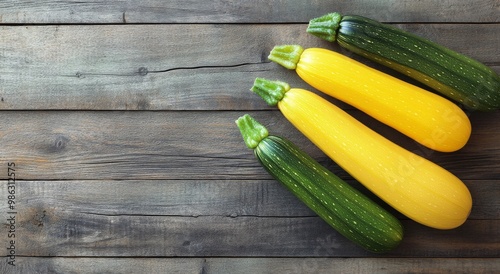Fresh yellow and green zucchinis on rustic wooden backdrop in a natural light...