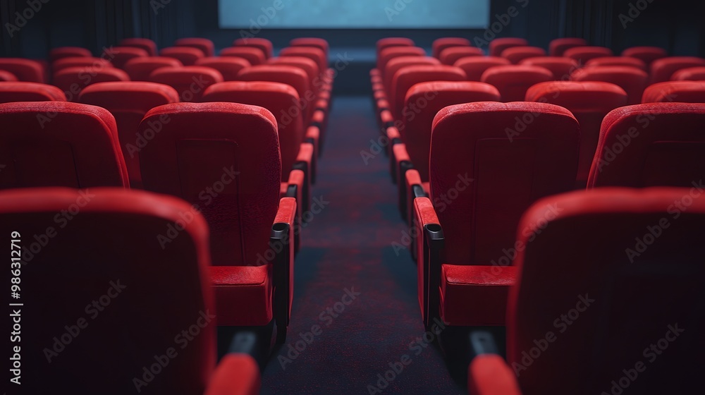 Red cinema or theater seats with armrests arranged in rows for watching movies. The movie screen is obscured from view, without people Red cinema or theater seats with armrests arranged in rows for watching movies. The movie screen is obscured from view, without people