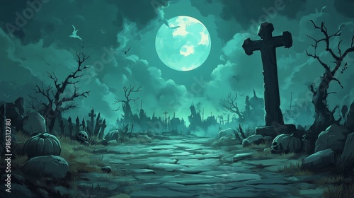 Eerie night with a haunted house and glowing full moon in a spooky landscape