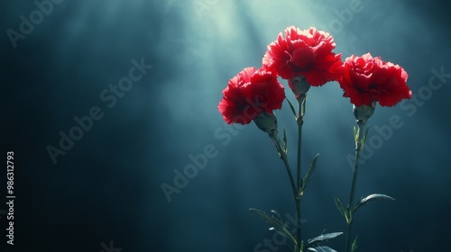 Two vibrant red flowers illuminated by soft light on a dark background in a s...