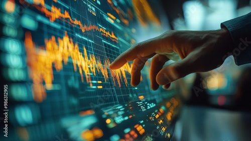 Person interacting with a futuristic touchscreen displaying vibrant data visu...