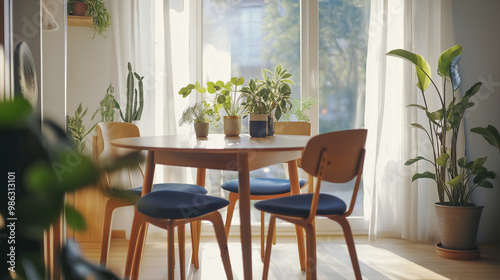 Minimalist Dining Area with Wooden Furniture and Large Indoor Plant in Natural Light