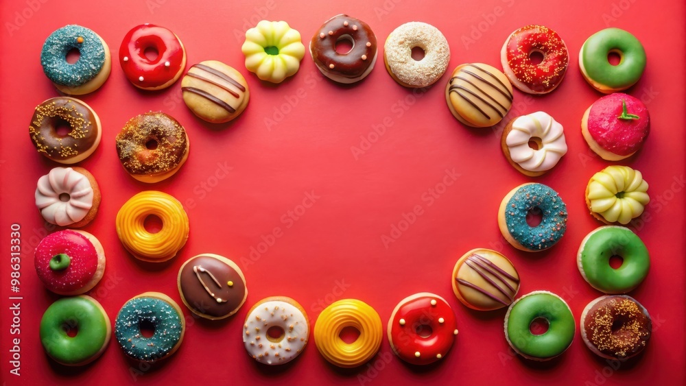 Round frame of colorful glazed cakes with an empty plate on a red tabletop, minimalistic concept Round frame of colorful glazed cakes with an empty plate on a red tabletop, minimalistic concept