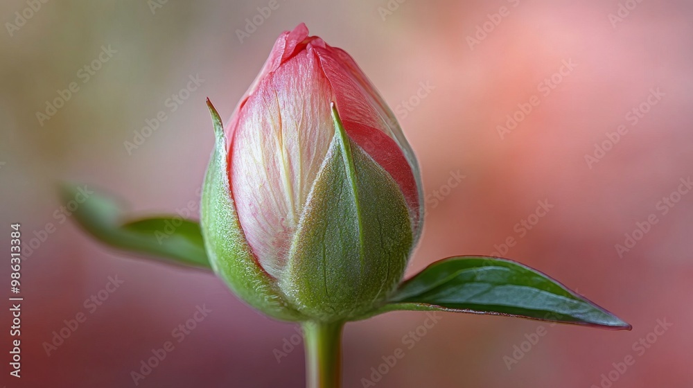 Soft pink flower bud against a neutral background showcasing delicate petals and green leaves Soft pink flower bud against a neutral background showcasing delicate petals and green leaves