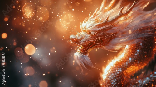 Golden dragon relief on a red background depicting cultural symbolism in trad...