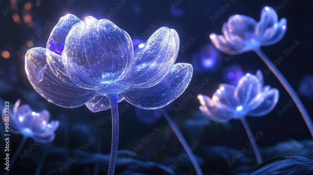 Floating 3D flowers with translucent glowing petals swaying gently in a futuristic garden. Floating 3D flowers with translucent glowing petals swaying gently in a futuristic garden.