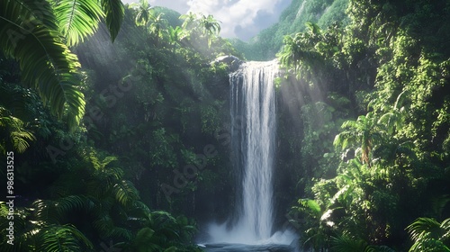 Lush tropical jungle with a majestic waterfall backdrop image