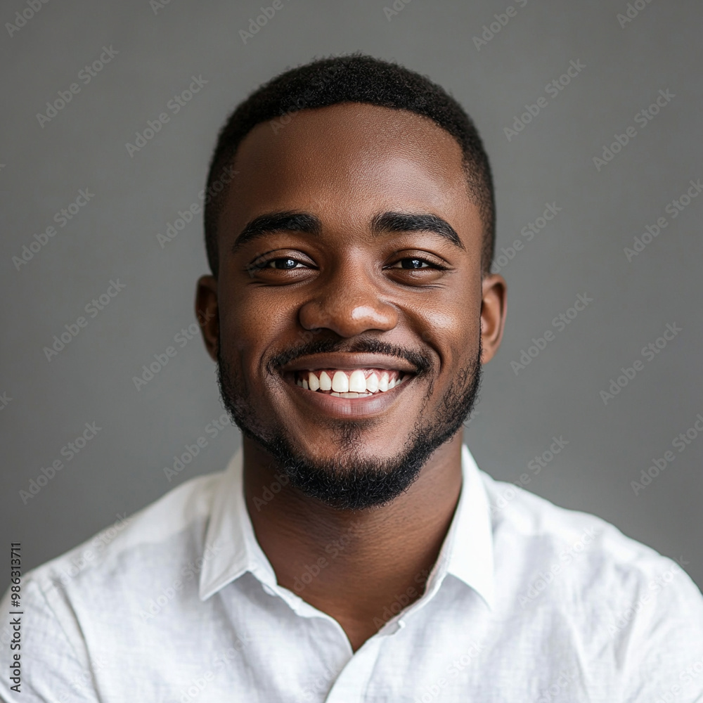 Obraz premium Cheerful handsome young African man head shot front portrait. Happy positive attractive male entrepreneur, startup leader, business professional in casual looking at camera with toothy smileCheerful h