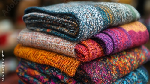 Cozy stack of colorful knitted blankets ready for a chilly evening by the fir...