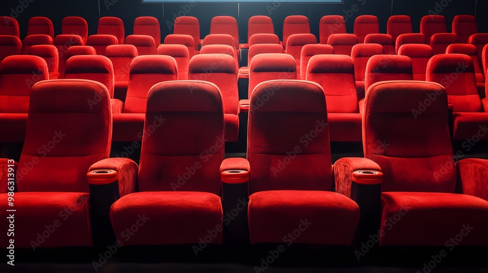 Red cinema or theater seats with armrests arranged in rows for watching movies. The movie screen is obscured from view, without people Red cinema or theater seats with armrests arranged in rows for watching movies. The movie screen is obscured from view, without people