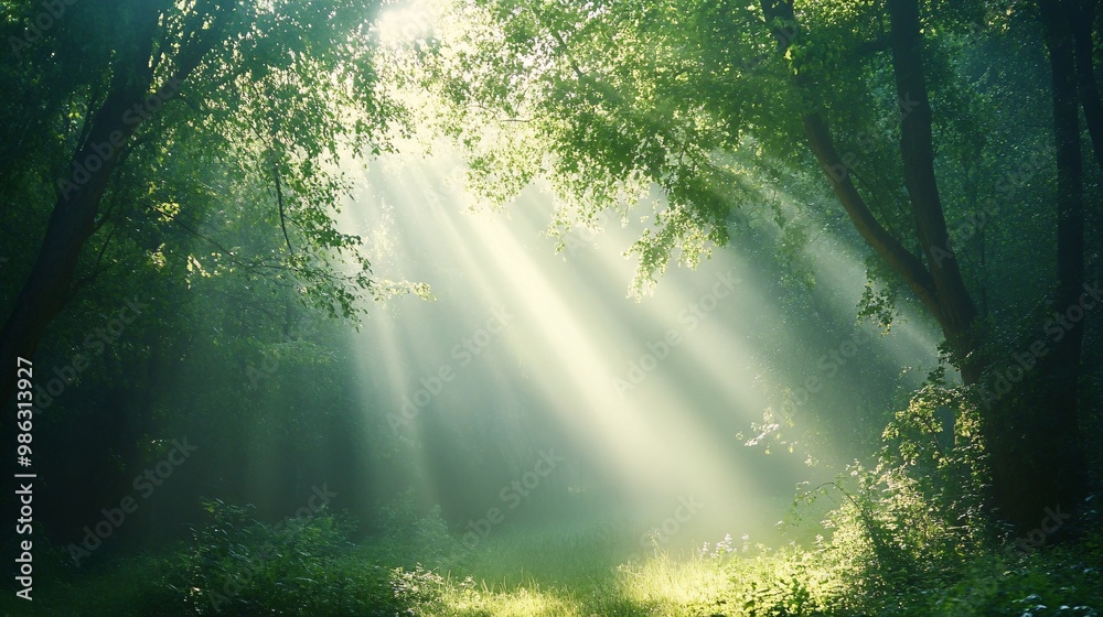 Sunlight Beams Through Lush Green Forest Canopy Sunlight Beams Through Lush Green Forest Canopy