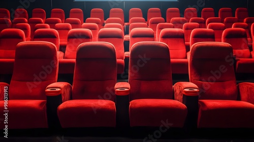 Red cinema or theater seats with armrests arranged in rows for watching movies. The movie screen is obscured from view, without people