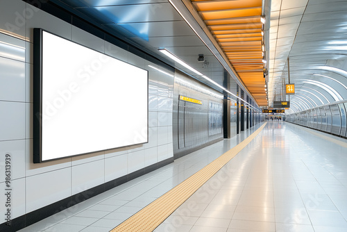 A modern subway station with a blank digital billboard, empty platform, and clean tiled walls, perfect for advertising.