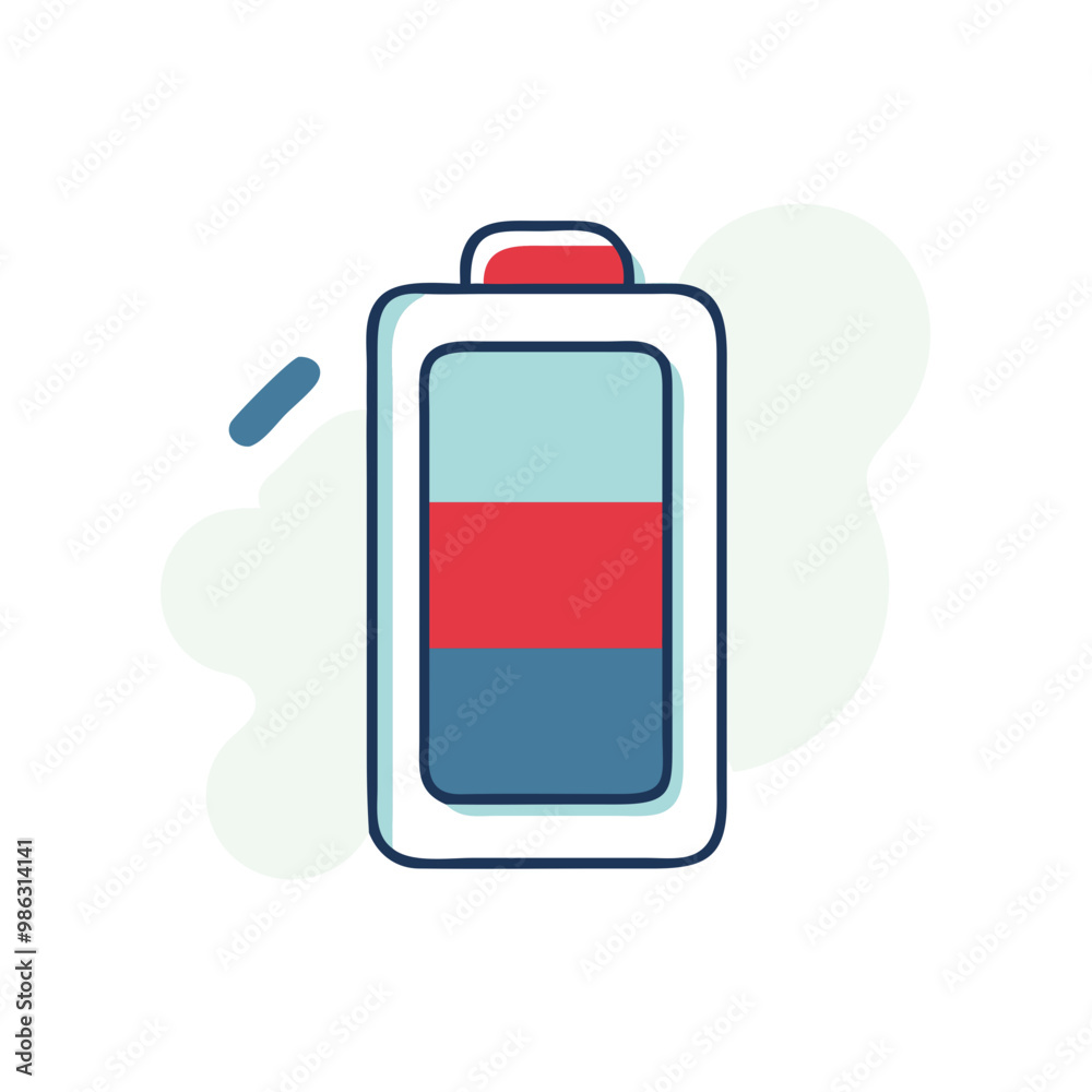 A battery with a red and blue stripe is shown. The battery is almost empty. The battery is a symbol of energy and power