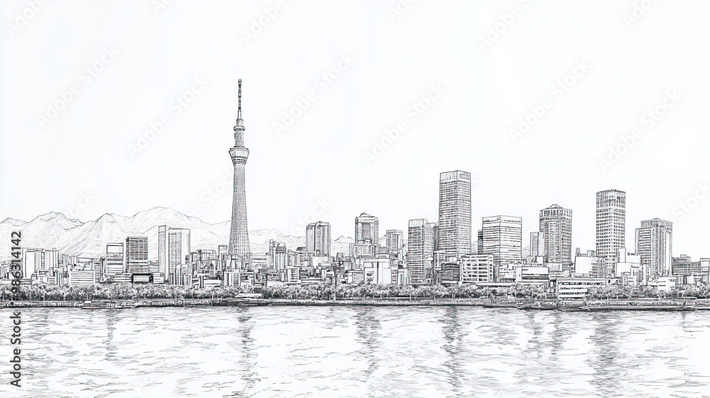 Obraz premium Kobe, Japan, black and white pen pencil hand-drawn effect drawing illustration for travel poster, card, wallpaper, backdrop or banner. Modern, clear, artistic and simple