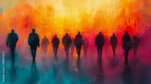 Three silhouettes walking through colorful fog at dawn, creating a mystic atm...