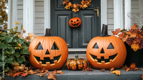 Festive Halloween decorations with pumpkins and autumn leaves adorning a char...