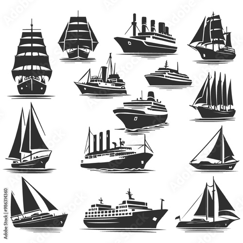 Ship and boat set. Liner and container, freighter and buoy, lighthouse and yacht