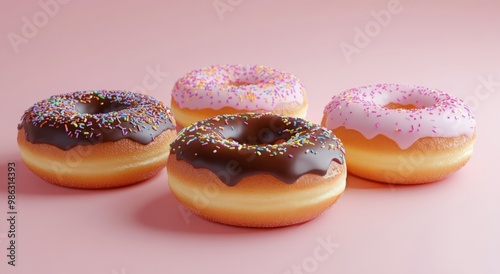 Colorful donuts with frosting and sprinkles arranged on a pink background for...