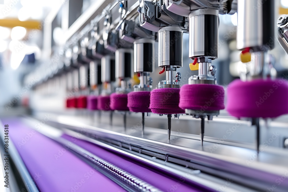 Close-up of a Textile Manufacturing Machine with Purple Yarns Close-up of a Textile Manufacturing Machine with Purple Yarns