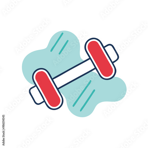 A red and blue dumbbell with a blue background. The dumbbell is the main focus of the image
