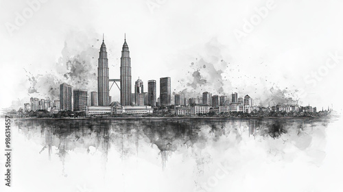 Kota Kinabalu, Malaysia, black and white pen pencil hand-drawn effect drawing illustration for travel poster, card, wallpaper, backdrop or banner. Modern, clear, artistic and simple