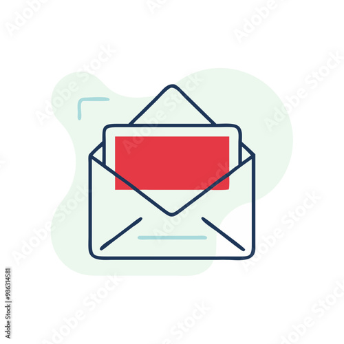 An envelope with a red picture inside. The envelope is blue and white