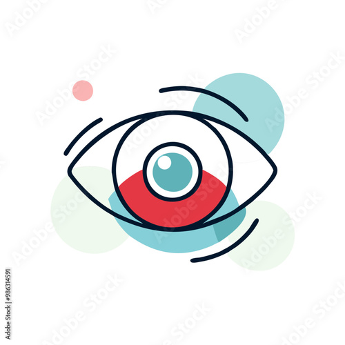 A close up of an eye with red and blue colors. The eye is surrounded by a circle of green and blue