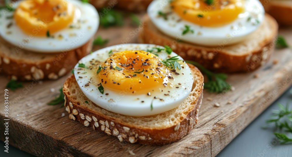 Delicious soft-boiled egg slices served on whole grain bread with herbs and seasoning Delicious soft-boiled egg slices served on whole grain bread with herbs and seasoning