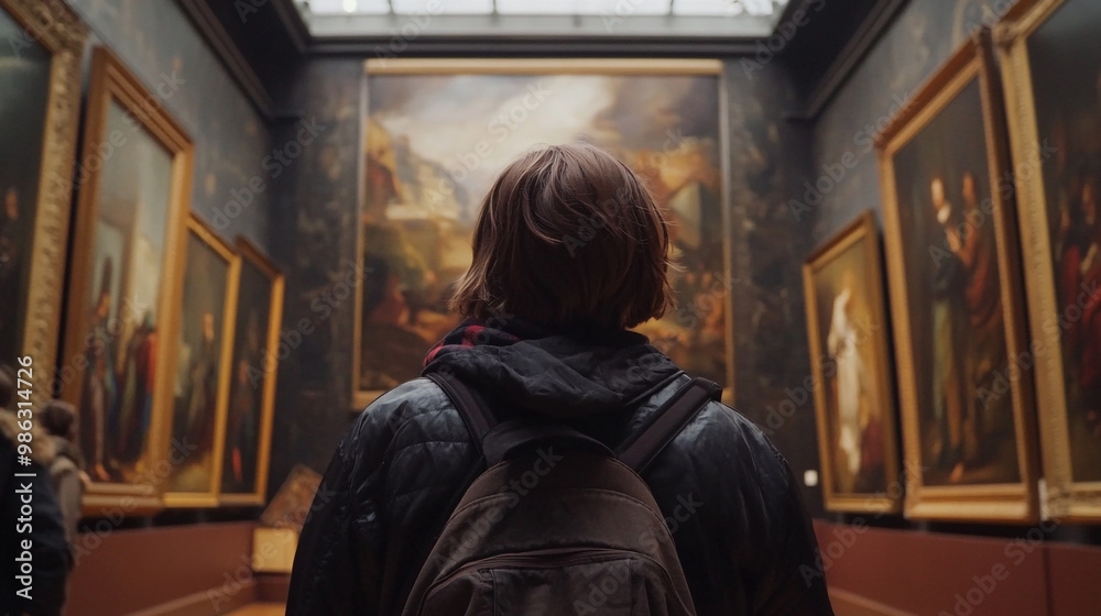 A visitor admires classic paintings in an art gallery during the day A visitor admires classic paintings in an art gallery during the day