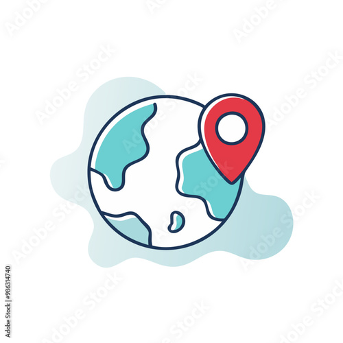 A globe with a red dot on it. The globe is surrounded by a blue background. The globe is a symbol of the world and the red dot is a symbol of a location