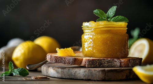 Delicious lemon marmalade in a jar on wooden toast with fresh lemons and mint in soft light photo