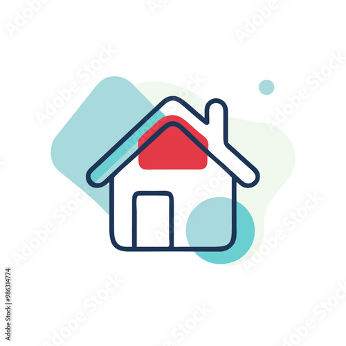 A house with a red roof and white trim. The house is surrounded by a blue and white background