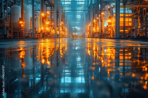 Industrial Interior with Reflections in Wet Floor