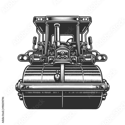 Monochrome style of color steamroller on white background. 