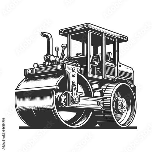 Monochrome style of color steamroller on white background. 