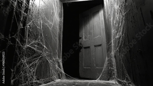 A dimly lit wooden door surrounded by cobwebs in a secluded, abandoned building
