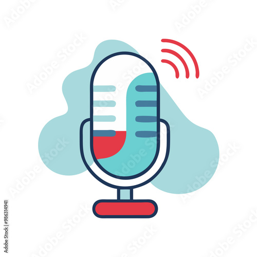 A microphone with a red and blue design. The microphone is surrounded by a blue and white background