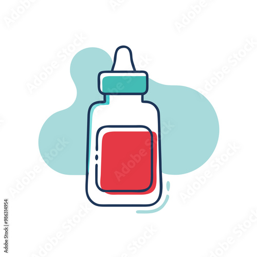 A bottle of medicine with a red label. The bottle is white and has a blue cap. The bottle is placed on a white background