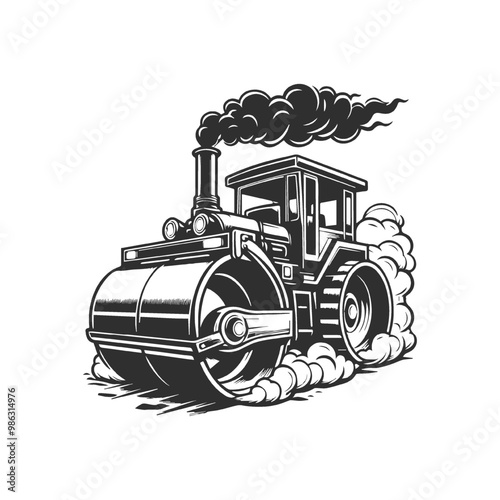 Monochrome style of color steamroller on white background. 