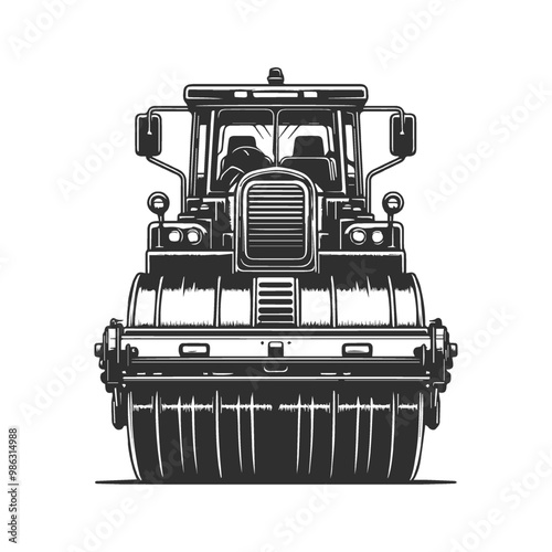 Monochrome style of color steamroller on white background. 