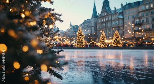 Winter holiday ice skating in a festive village square adorned with twinkling...