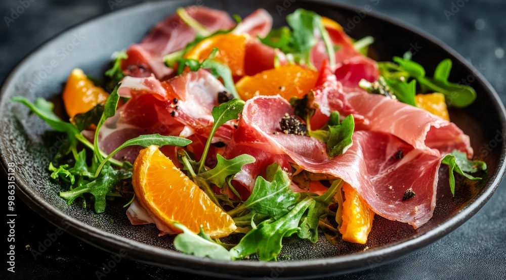 Fresh citrus and prosciutto salad served on a dark table with herbs and orange slices